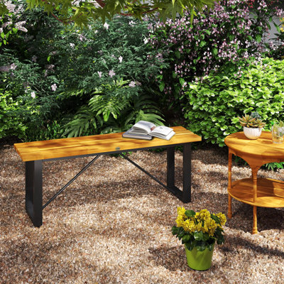 Outdoor Bench 2-person, Acacia Wood Garden Bench With Steel Frame, Backless Patio Loveseat With Slatted Seat For Porch, Deck, Park & Yard