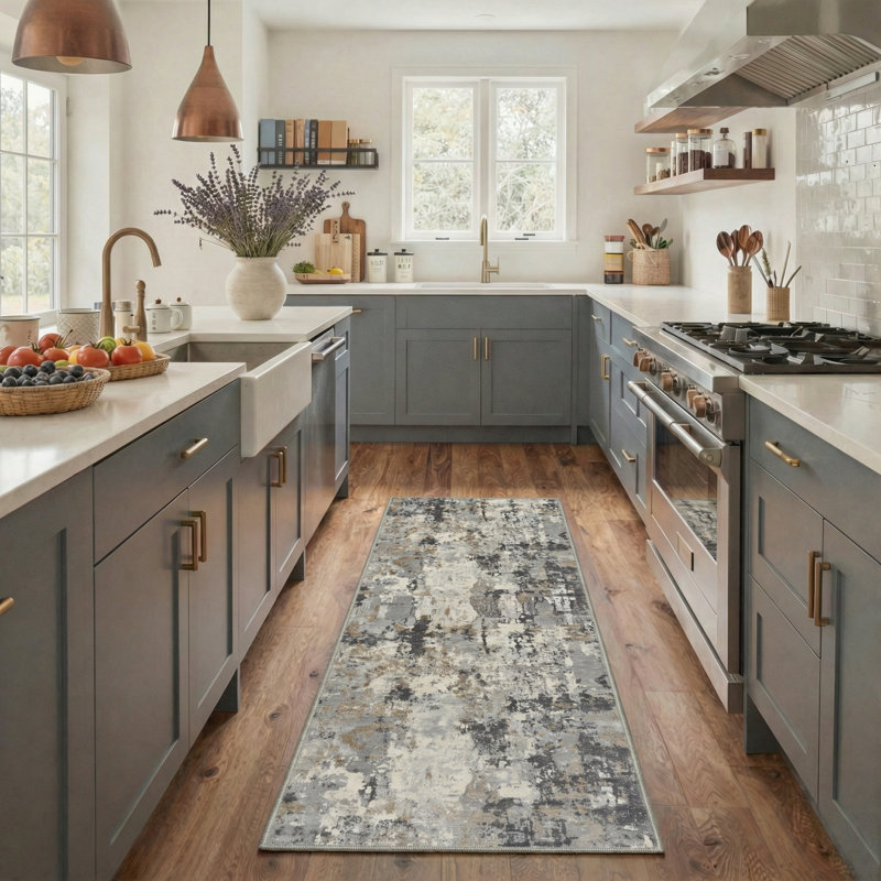 Mignone Aura Abstract Machine Washable Grey / Black / Grey Indoor Area Rug with Non-Slip Backing, Runner 2' x 7'