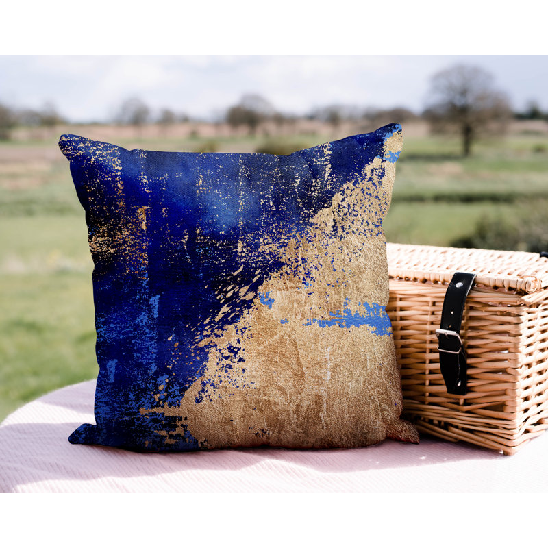 Coussin intérieur / extérieur Lincolnwood, H 15 po x l 15 po, Bleu marine/doré