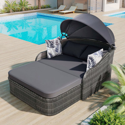 79.9" Outdoor Sunbed with Adjustable Canopy, Double lounge, PE Rattan Daybed,  Wicker and Cushion