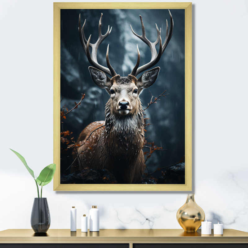 Cerf d'Issic monochrome IV, Encadrement doré, H 40 po x l 30 po x P 1,5 po
