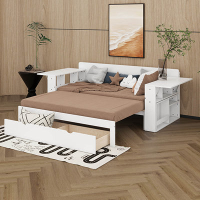 Full Size Extendable Daybed With Removable Desk & Hydraulic Side Table, 4-In-1 Multifunctional Sofa Bed With Storage Drawers