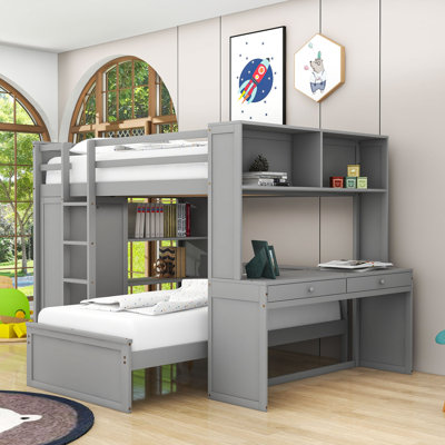 Lit superposé en bois 2 tiroirs avec tablettes, bureau et garde-robe Crone