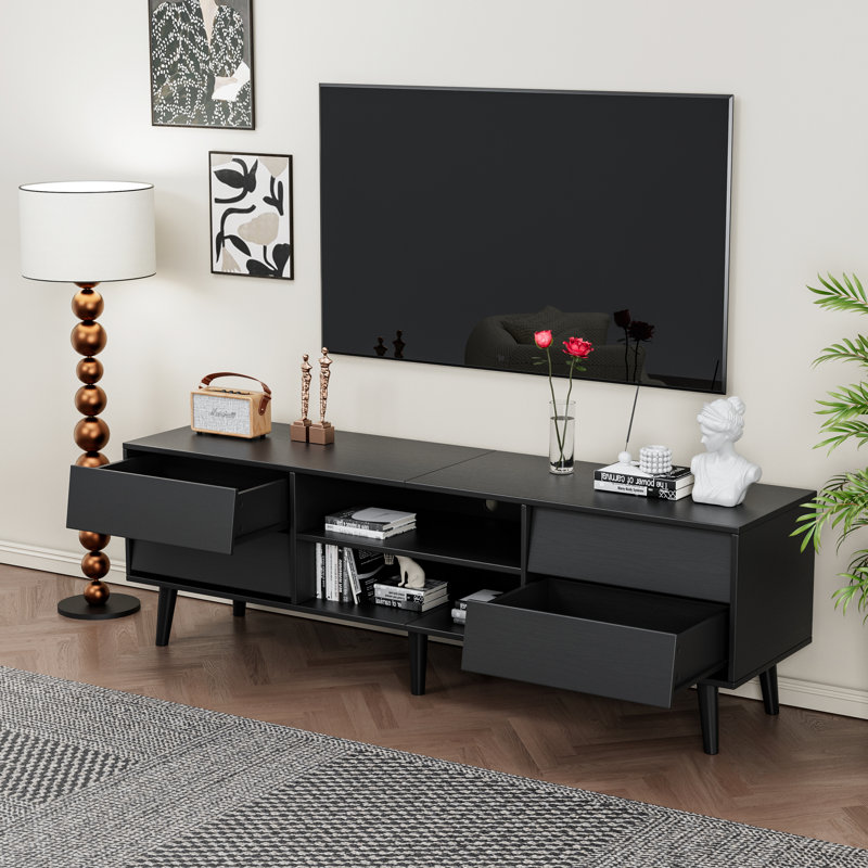 Meuble télé de 63 pouces avec détails biseautés et tiroirs rétro pour le salon, la salle à manger et le meuble de divertissement de style rétro. Tiroirs de rangement spacieux. Imperméable. Supports