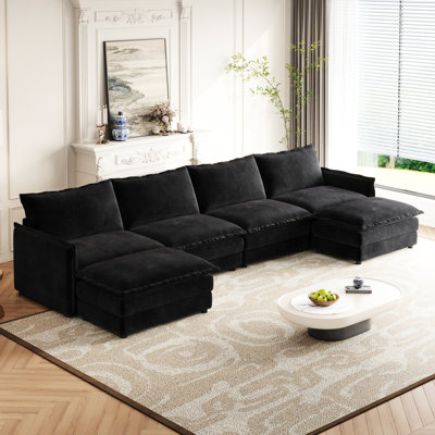 High Fabric Corduroy Couch, With 2 Movable Footrests, Living Room U Shaped Deep Seat For Cozy
