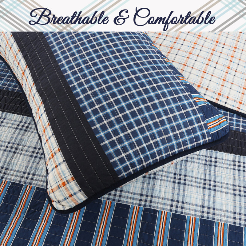 Blue and Orange Plaid Cotton Twin Reversible Quilt Set