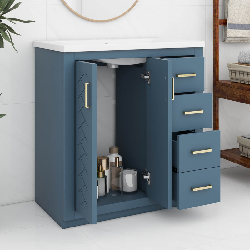 Meuble-lavabo de 30 po avec lavabo en céramique, armoire de rangement moderne à 3 tiroirs et 2 portes, meuble-lavabo autoportant, fermeture en douceur