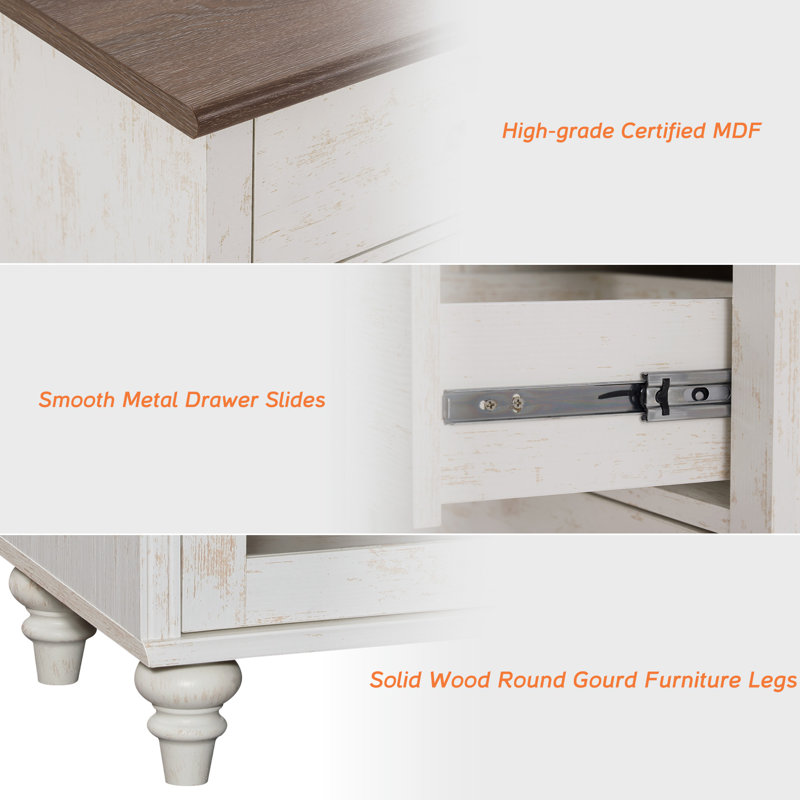 Buffet Corretta avec bar et étagères ouvertes, meuble de rangement avec portes vitrées et tiroir, blanc rustique, 34''