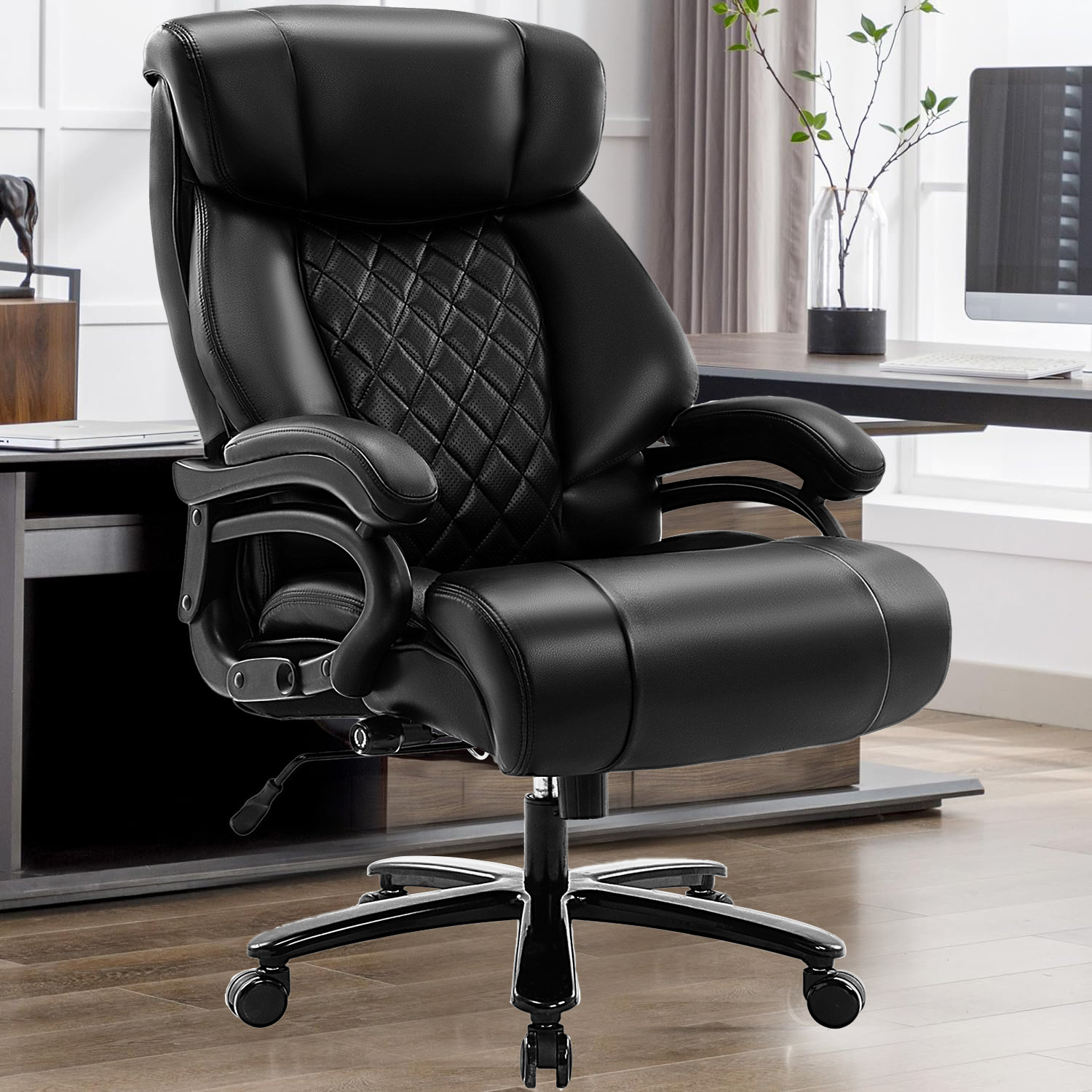 Heavy Duty Executive Office Chair, 400lbs Big and Tall Leather Office Chair for Heavy People, High Back Ergonomic Computer Desk Chair with Tilt Rock