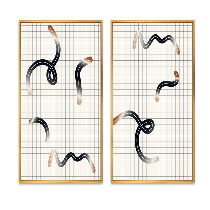 «Organic Doodles on Boho Grid I», ensemble de 2 impressions, H 20 po x l 24 po x P 1 po, Cadre doré