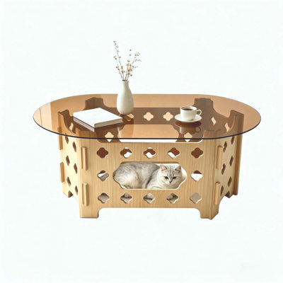 Oval Coffee Table with Tempered Glass Top, Carved Wood Base Farmhouse Cocktail Center Tea Table for Living Room, Small Spaces, Office,Easy Assembly