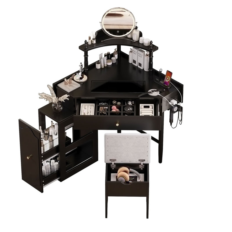 Bureau de coin avec tabouret de rangement et station de charge