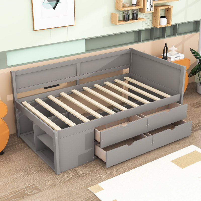 Daybed with Pull-Out Drawers and Shelves, Gray, Twin