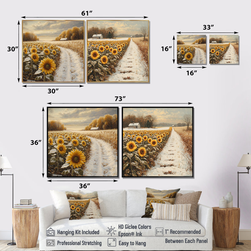 Tournesols le long du chemin enneigé I - Art mural tournesols - Art mural traditionnel, toile 2 pièces, H 36 po x l 73 po
