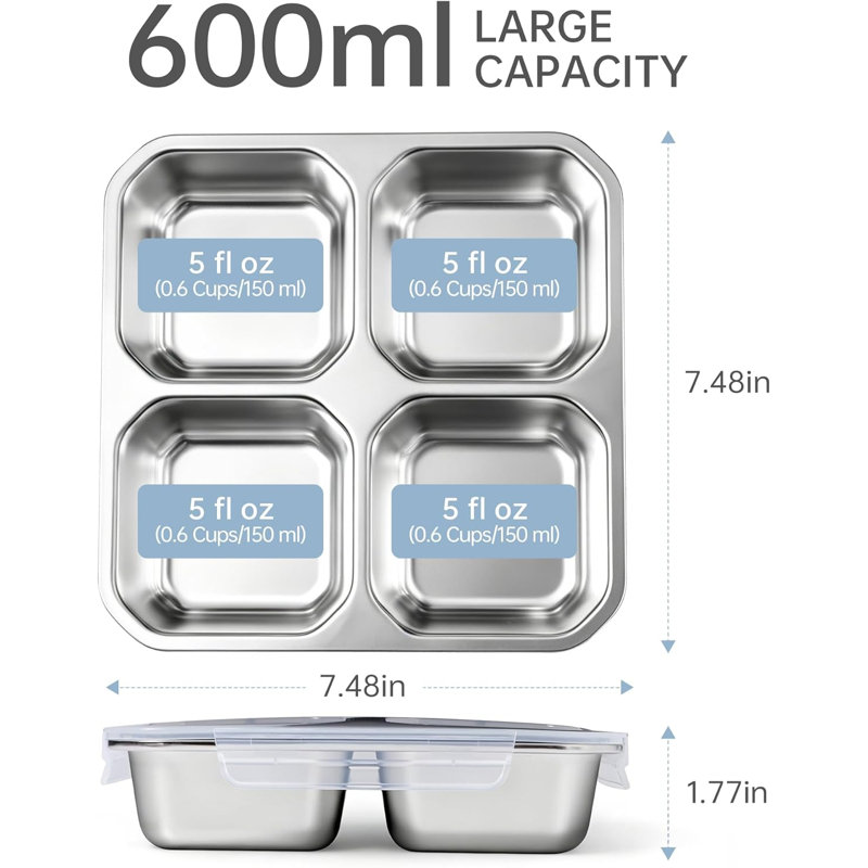 Stainless Steel Snack Containers with Lids 4 Compartment Lunchable Container