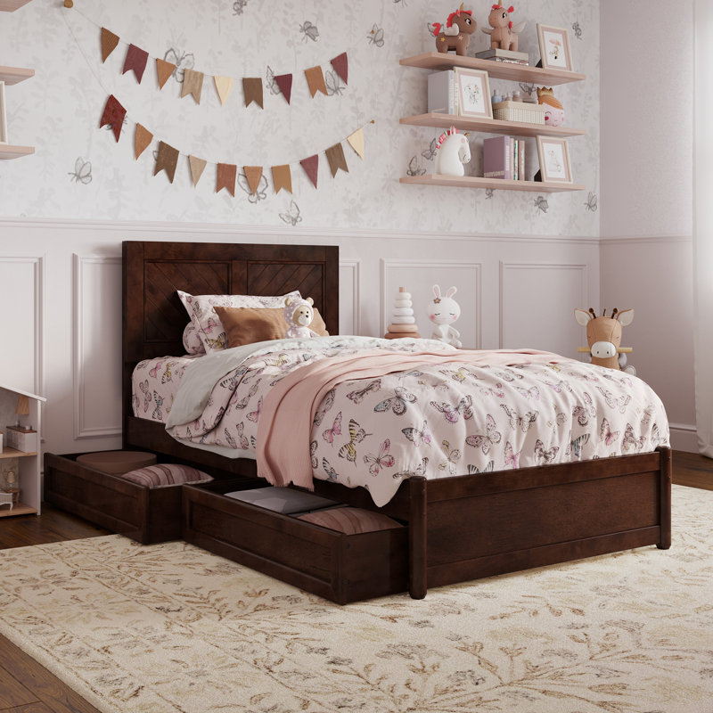 Lamarkus Solid Wood Storage Platform Bed with Footboard & Under Bed Drawers, Walnut, Twin