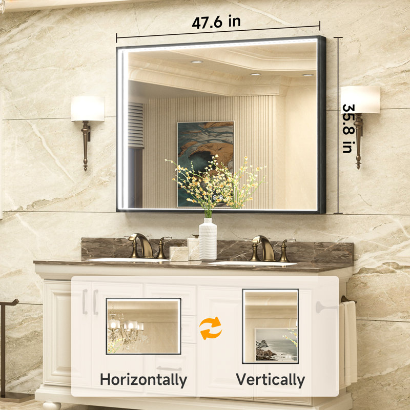 LED Metal Framed Anti-Fog Function 3 Color Adjustment Bathroom Mirror, 48" X 36"