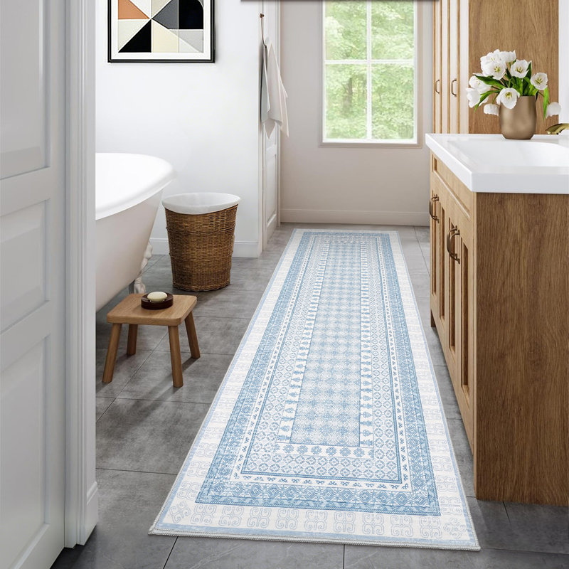 Vintage Oriental Geometric Area Rug, Washable Non-Slip Low-Pile Carpet, Foldable Portable Tribal Print Rug for Living Room, Bedroom, Kitchen, Hallway