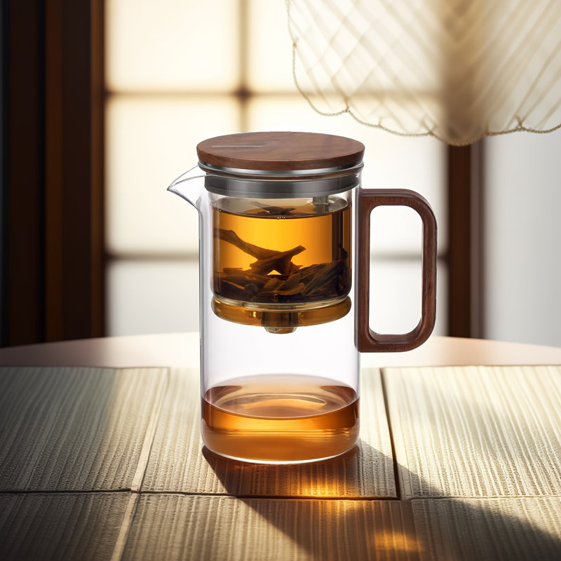 Théière en verre 500 ml avec infuseur résistant à la chaleur, poignée en bois, filtre détachable pour thé en feuilles 16,9 oz