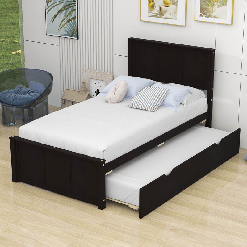 Dragojla Twin Size Wood Platform Bed with Trundle, Espresso