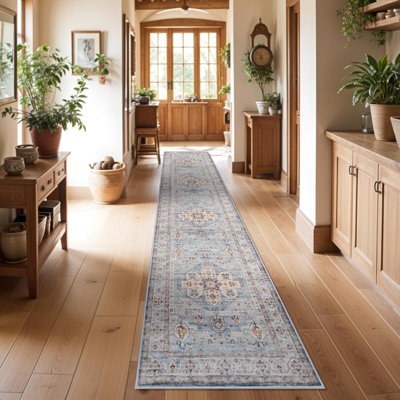 Washable Hallway Rug: Non Slip Rugs with Rubber Backing Soft Kitchen Rug Farmhouse Distressed Carpet for Living Room Bedroom Bathroom (Blue)