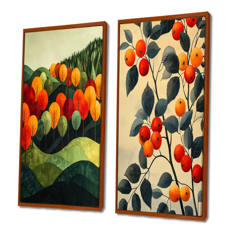 Red Orchard Breeze I - ensemble d'art mural de ferme 2 pièces, H 40 po x l 40 po, Cadre flottant brun