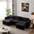 Black Luxury 4-Seater U-Shape Sofa with Two Ottomans - Soft Chenille Upholstered Living Room Furniture-2009613037