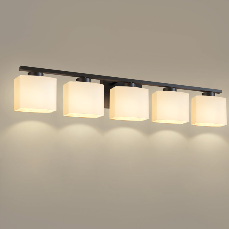 Dimmable Vanity Light For Bathroom Bedroom With Square Milk White Shade, 7.1" H x 39.8" D x 6.5" W, 5 Lights