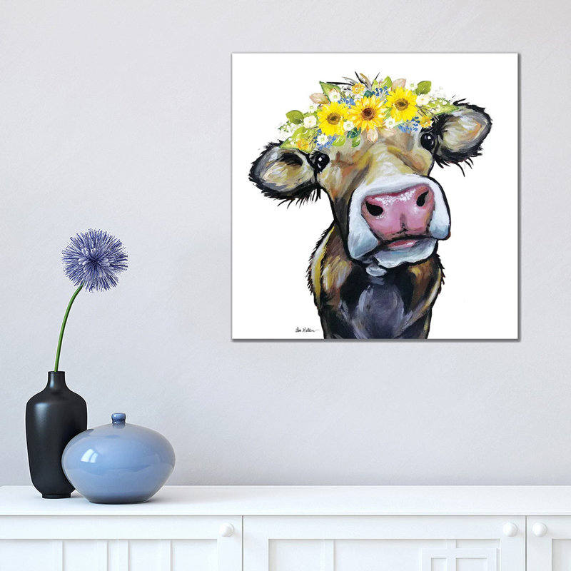 Hazel the Cow with Sunflower Flower Crown 1 Piece Wrapped Canvas Painting, 45.72 cm H x 45.72 cm W x 3.175 cm D