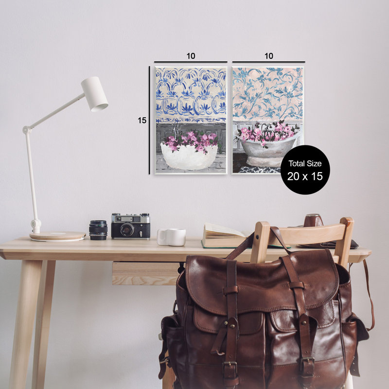 «Flowers In Bath Tub Pink Blue Interior» par Melissa Wang - ensemble de 2 reproductions d'impressions, H 15 po x l 10 po