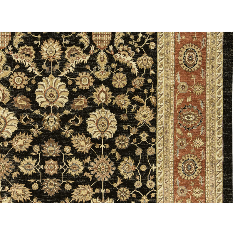 Tapis noir, jaune et rouge noué à la main de haute qualité