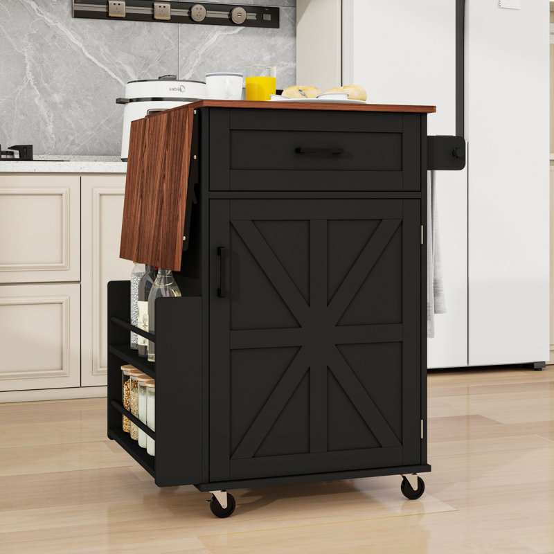 Chariot de cuisine avec abattant, tiroir, armoire de rangement, tablette réglable, support latéral et barre à serviettes