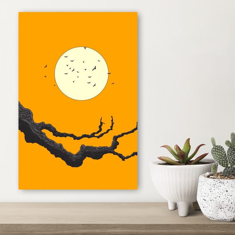Vol lunaire fantomatique, chauve-souris, oiseau, paysage d'automne, affiche murale minimaliste et abstraite, 18" H x 12" W