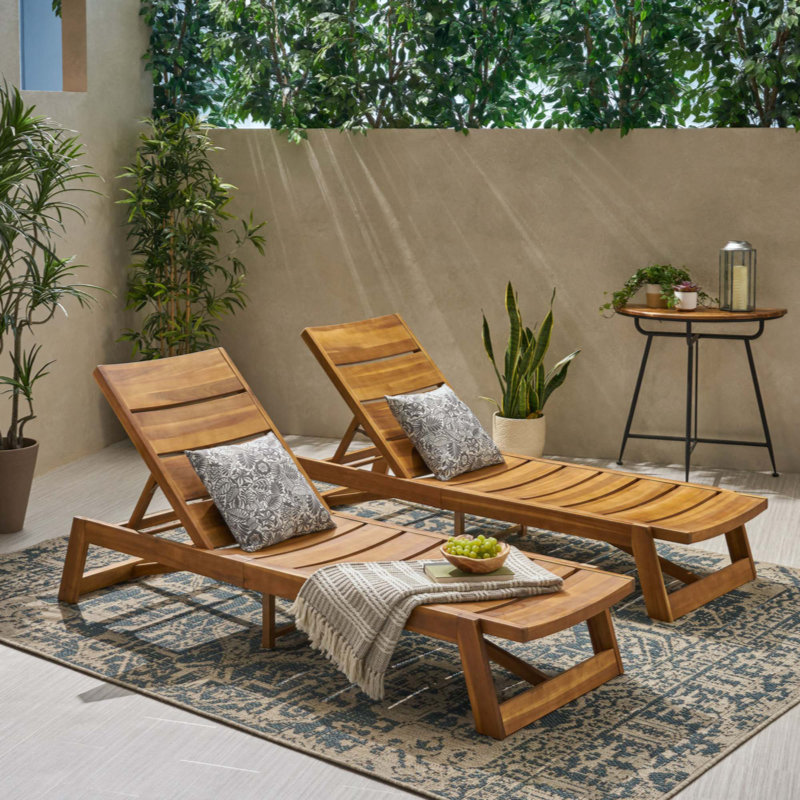 Acacia Wood Chaise Lounge Set Of 2, Durable And Stylish For Outdoor Relaxation With Teak Finish, Natural, 2