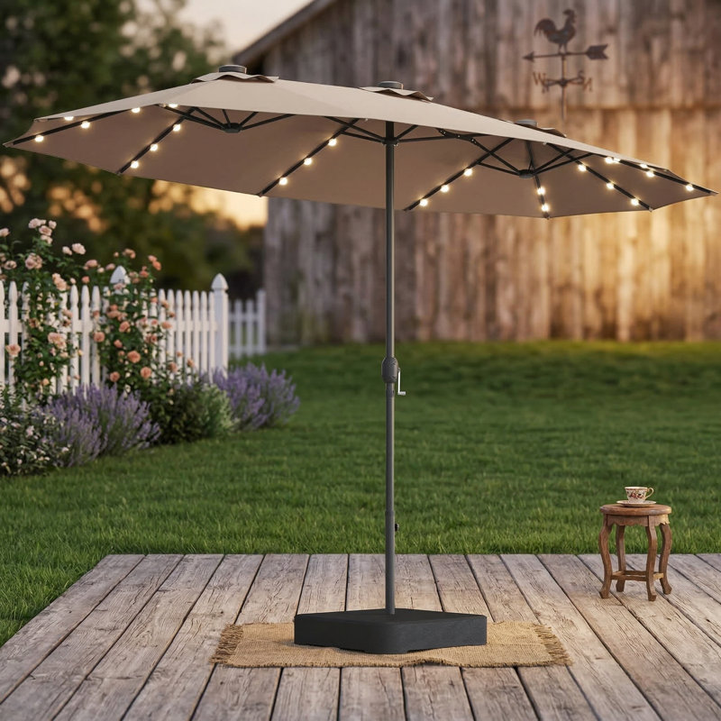 Grand parasol de marché rectangulaire pour l'extérieur de 15 pi x 9 pi avec double côtés, éclairage intégré et base incluse (couleur taupe)