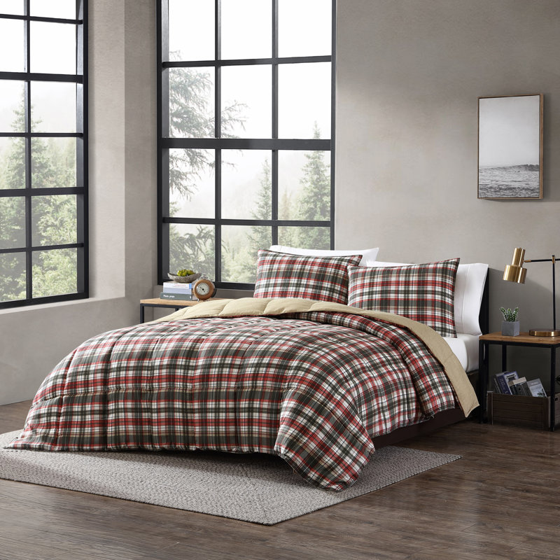 Textured Plaid Eddie Bauer Red Reversible Microsuede Comforter Set, Full/Queen Comforter + 2 Standard Shams