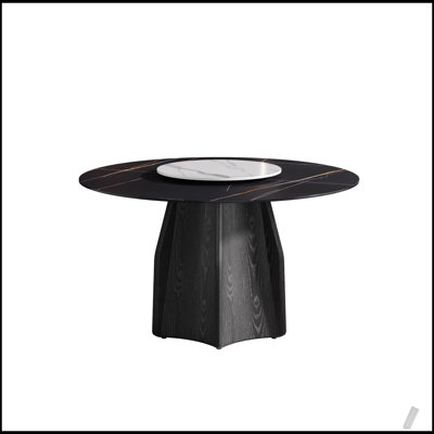 53 Inch Round Artificial Marble Dining Table with Black Textured Wood Base for Six, Includes 23.62 Inch White Turntable