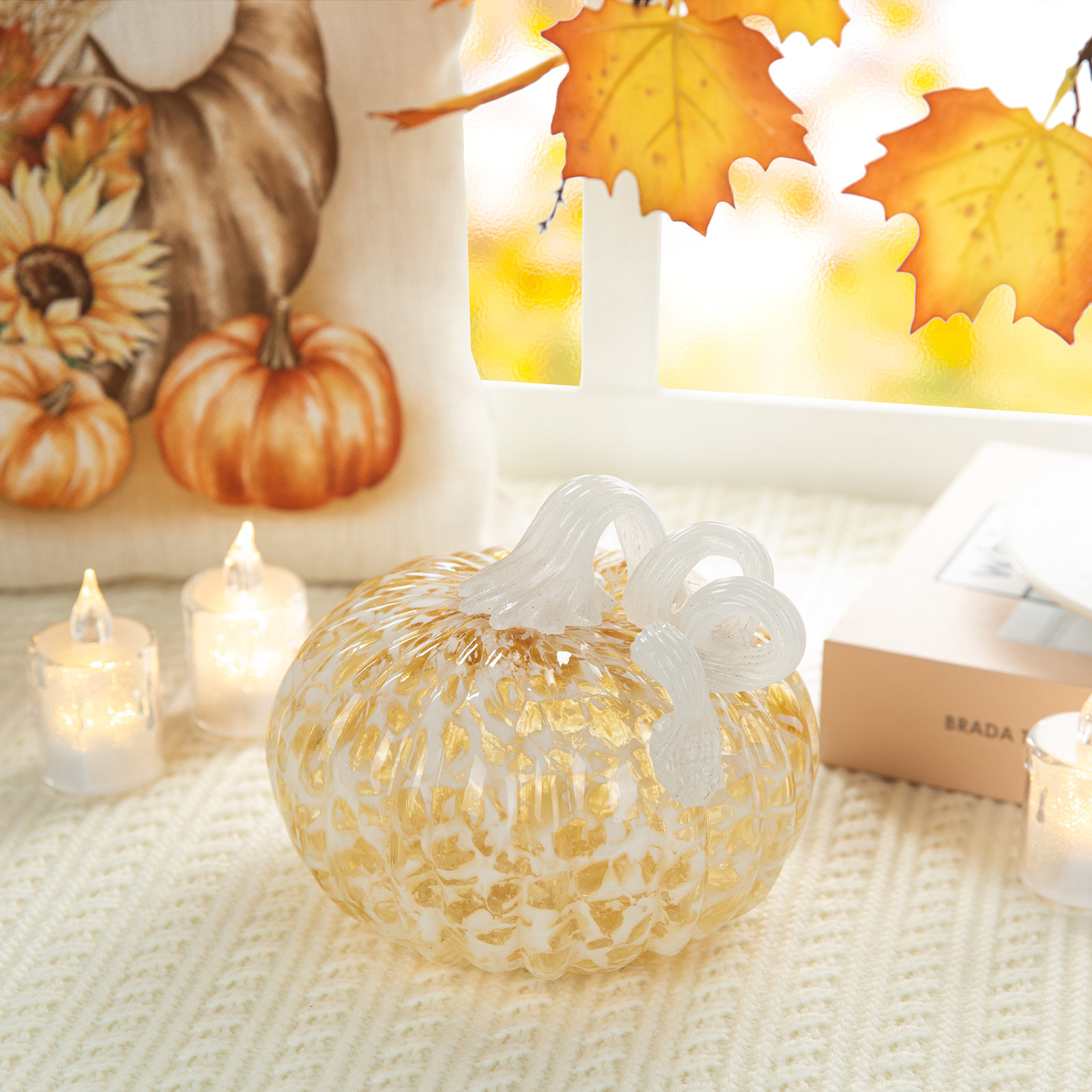 6"D Fall Round Glass Pumpkin, Gold