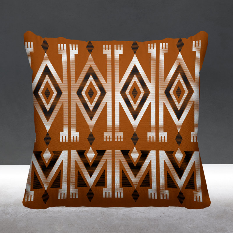 Coussin décoratif intérieur / extérieur Akin Abstract Tribal, Orange brûlé, L 19 po x H 19 po