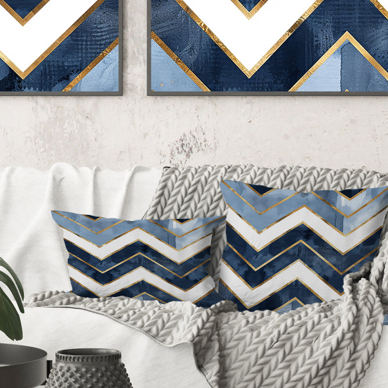 Blue Gold Chevron Glam V - Transitional Throw Pillow, 16"H x 16"W