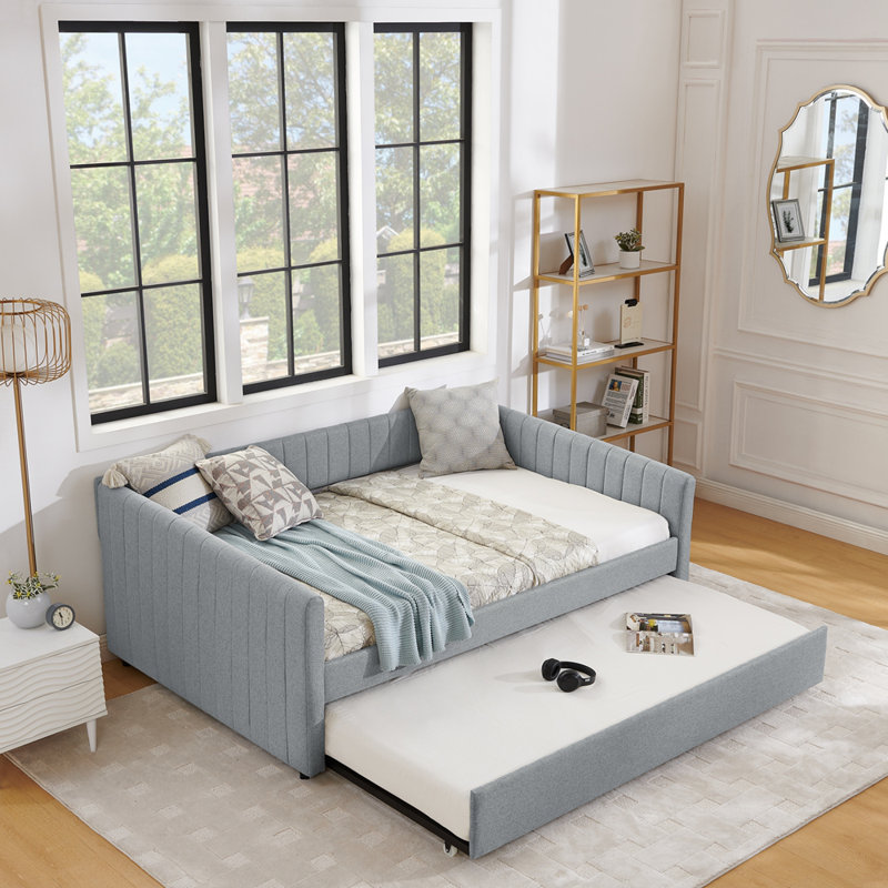 Daybed with trundle - upholstered sofa bed, vertical stripes, linen fabric, Gray, Full