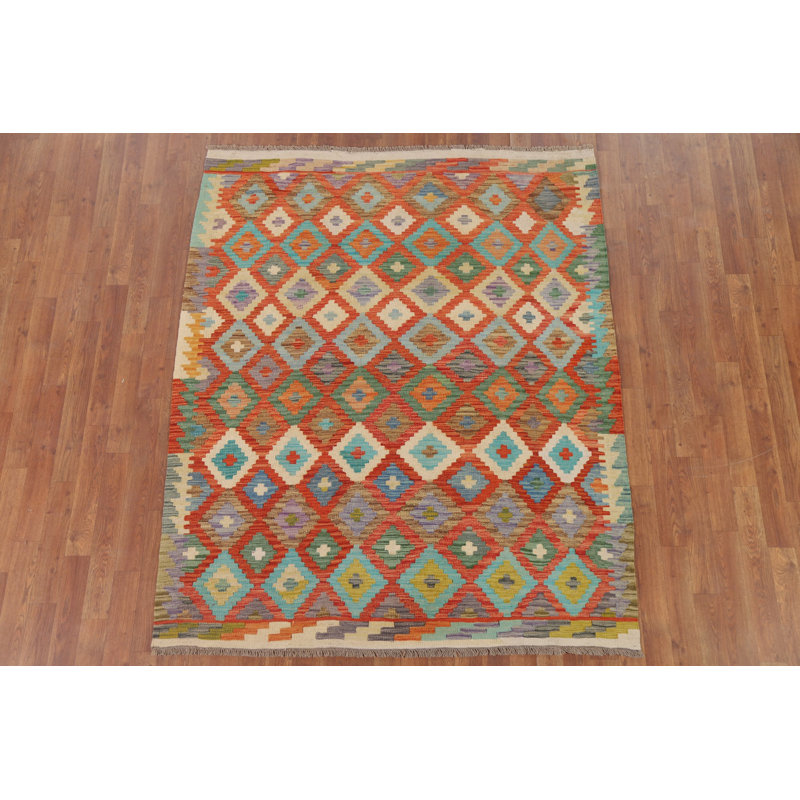 Geometric Kilim Reversible Wool Area Rug 5x6