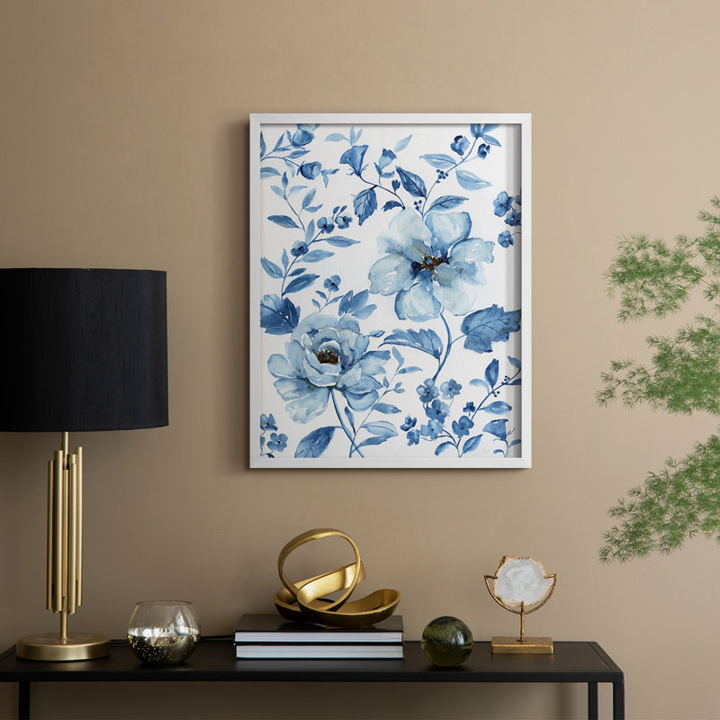 Blue Chinoiserie Framed Print - Solid Wood, 30" H x 24" W, White