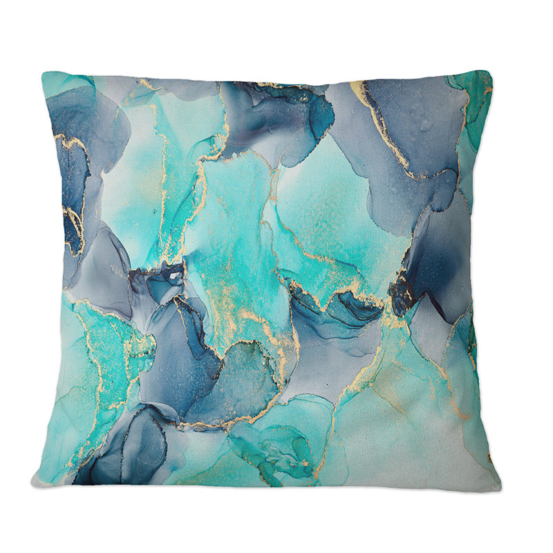 Turquoise luxueux abstrait Art fluide IV - Coussin décoratif imprimé moderne, 18 po x 18 po