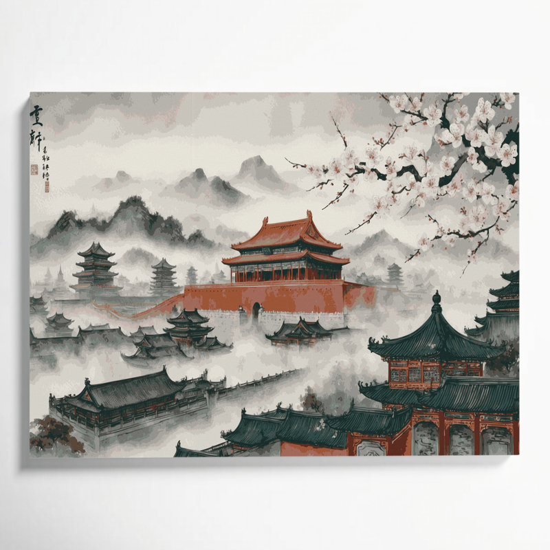 Art mural sur toile gris avec villes de Pékin, H 16 po x l 20 po