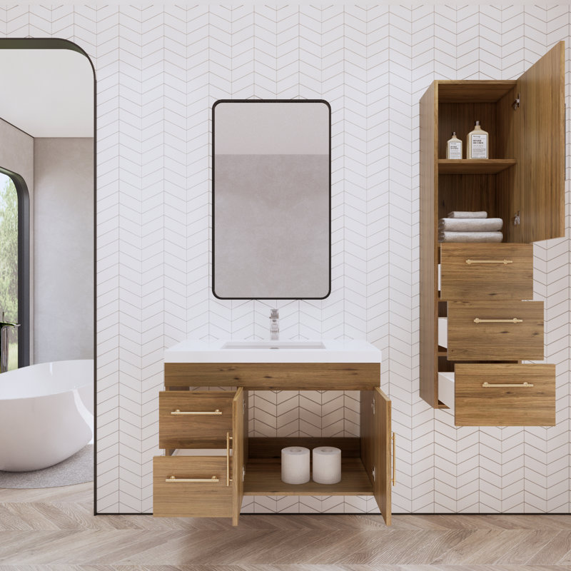 Ensemble de meuble-lavabo simple mural 35 po Hebersham, Chêne naturel