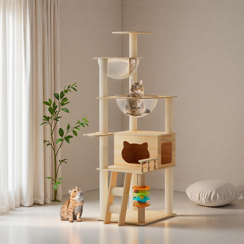 Tour à chat 59 po moderne, tour à chat en bois pour chats d'intérieur, arbre à chat avec poteaux à griffes recouverts de sisal et perchoir supérieur, maisonnette pour chat avec hamac en acrylique pour petits chats