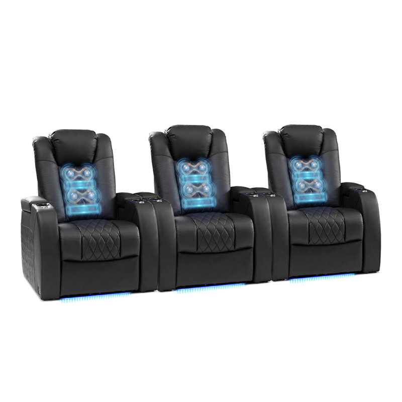 Siège de cinéma inclinable électrique en cuir véritable avec massage à gravité zéro avec éclairage ambiant à DEL de 7 couleurs, appui-tête réglable, charge USB et porte-gobelets