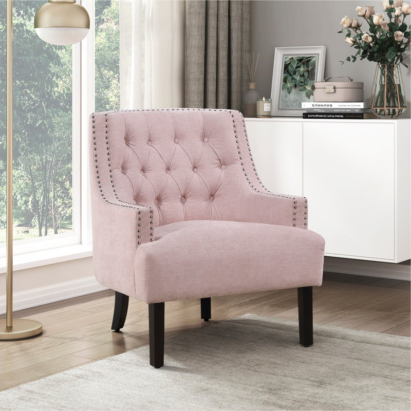 Chaise d'appoint traditionnelle en chenille rose avec revêtement en bois massif capitonné à boutons 1 pièce, Rose