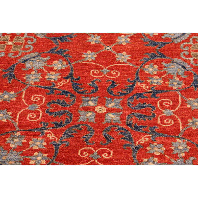 Tapis rouge / brun / bleu en laine noué à la main 8 pi 1 po x 9 pi 11 po Everly